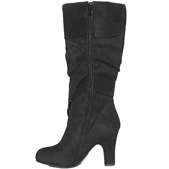 Metallic Studs Edgy Dual Buckles Slouch Knee High Suede Boot w/Silver Hardware - Picture 3 of 8
